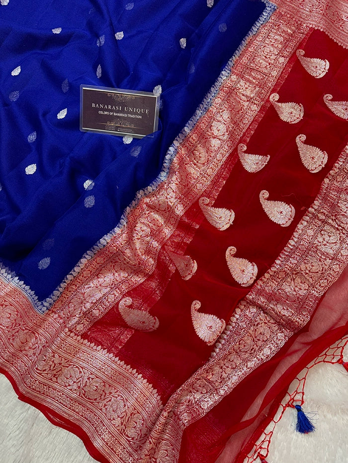 KHADDI CHIFFON SILVER ZARI KADHUWA SAREE - CONTRAST BORDER ROYAL BLUE WITH RED