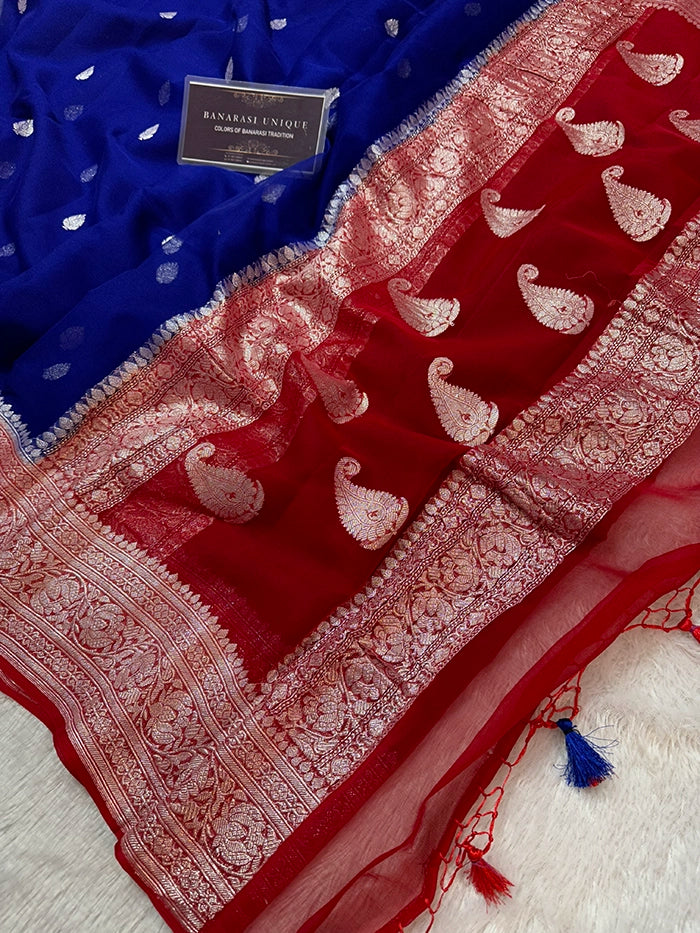 KHADDI CHIFFON SILVER ZARI KADHUWA SAREE - CONTRAST BORDER ROYAL BLUE WITH RED