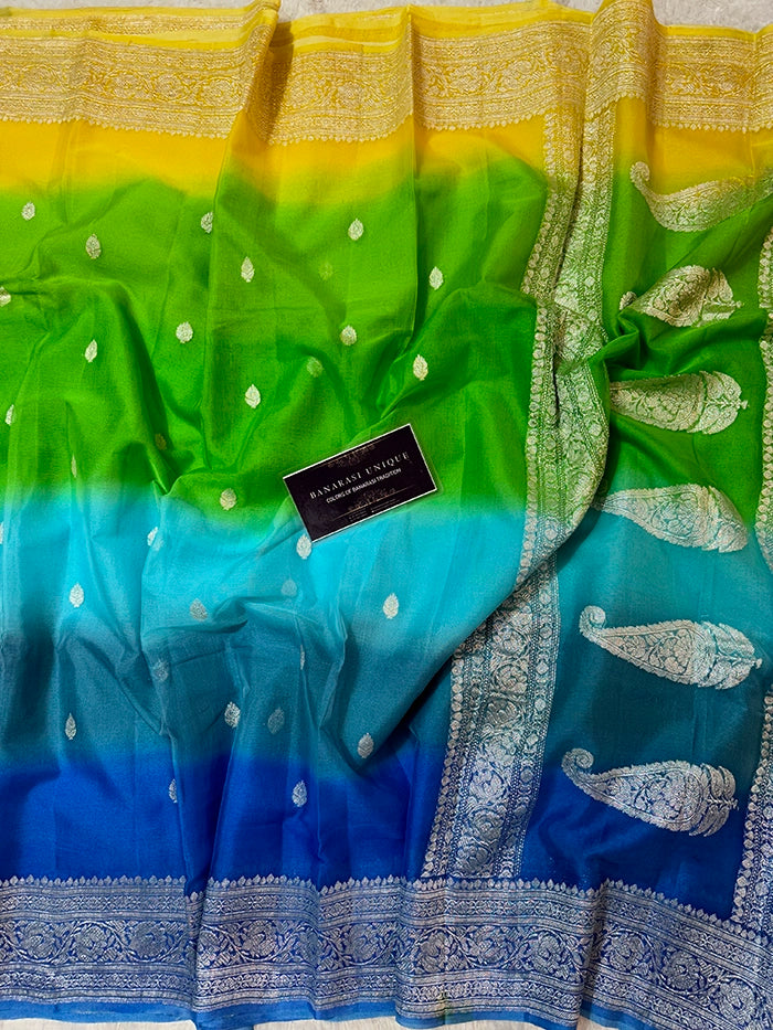 KHADDI CHIFFON SILVER ZARI KADHUWA SAREE - RANGKAAT MULTI COLOR