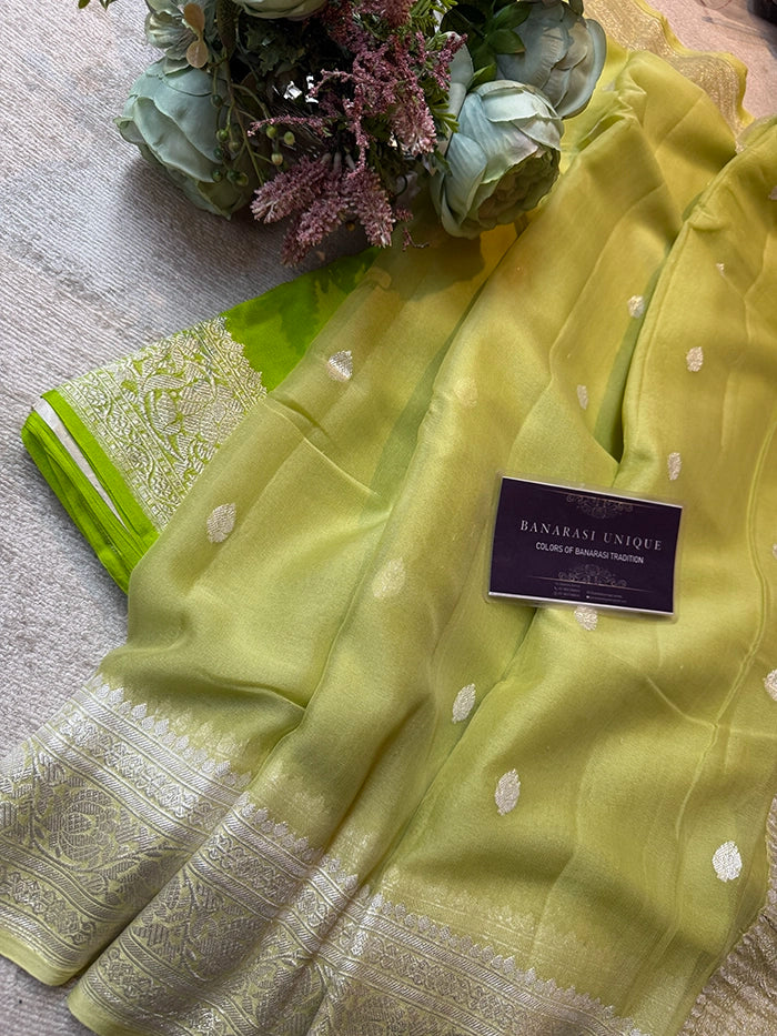 KHADDI CHIFFON SILVER ZARI KADHUWA SAREE - LIME GREEN