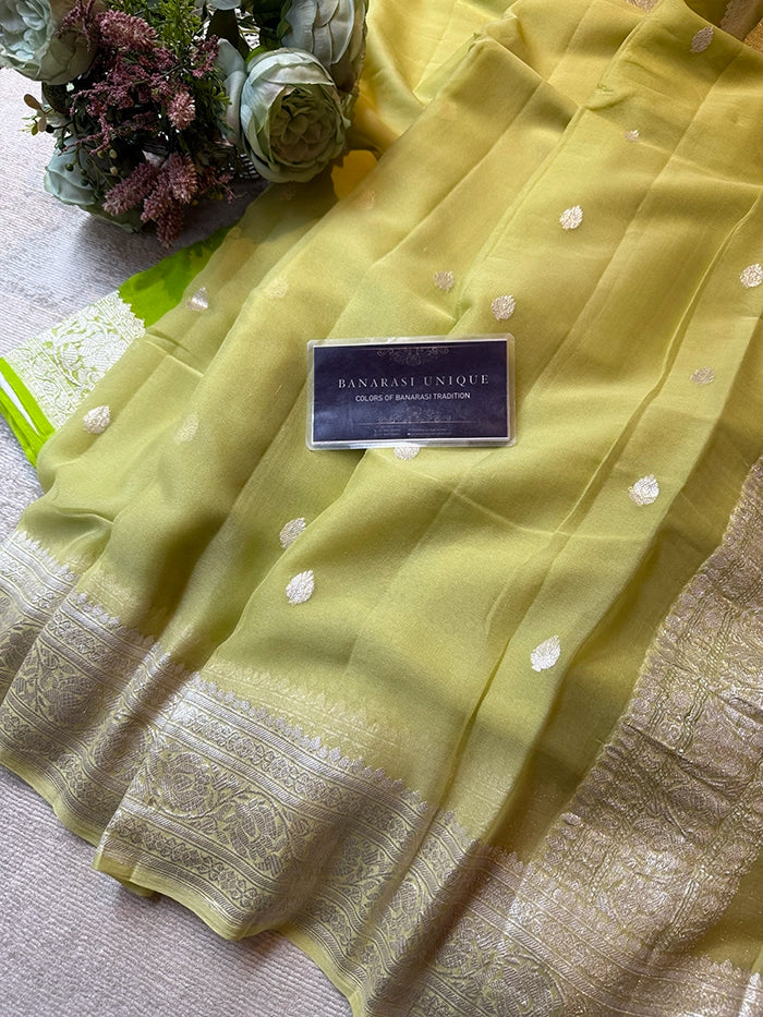 KHADDI CHIFFON SILVER ZARI KADHUWA SAREE - LIME GREEN