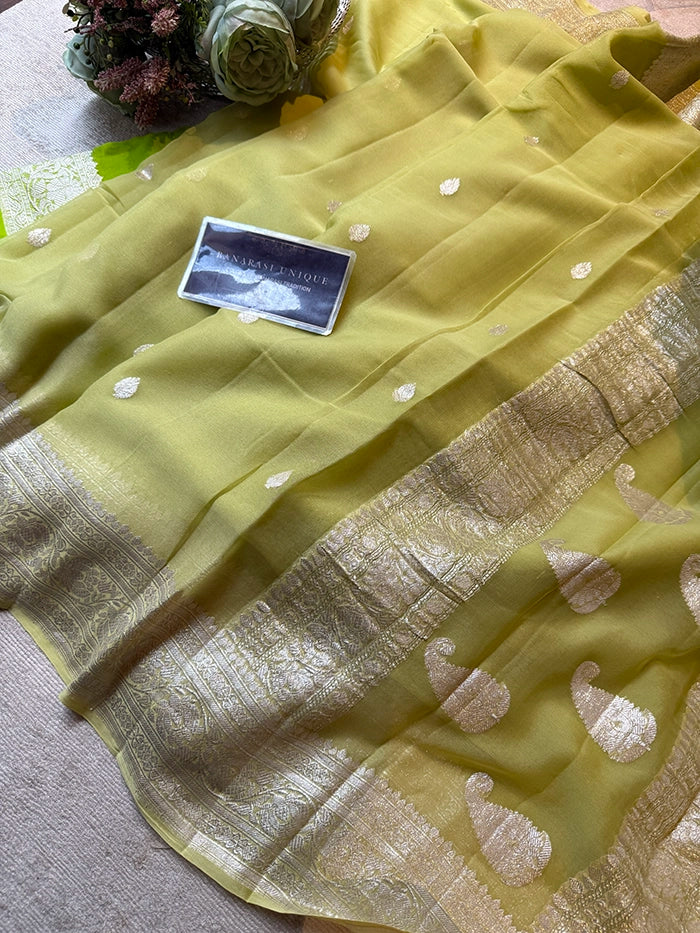 KHADDI CHIFFON SILVER ZARI KADHUWA SAREE - LIME GREEN