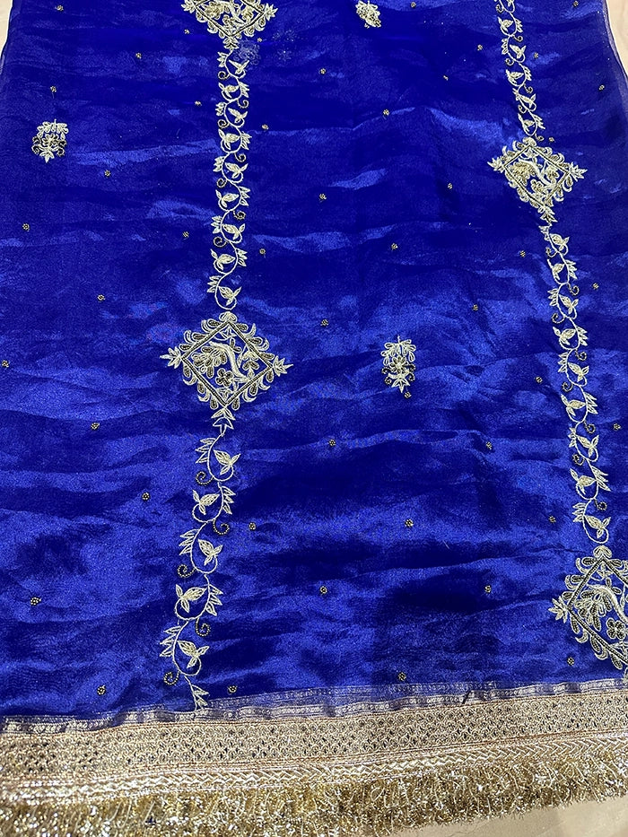 VERTICAL FLORAL PURE TISSUE SAREE - ROYAL BLUE