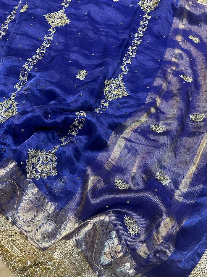 VERTICAL FLORAL PURE TISSUE SAREE - ROYAL BLUE