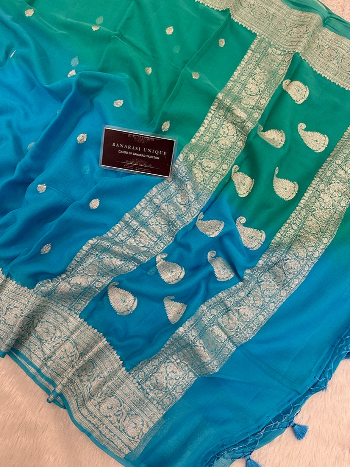 KHADDI CHIFFON SILVER ZARI KADHUWA SAREE - DUAL SHADE 2D