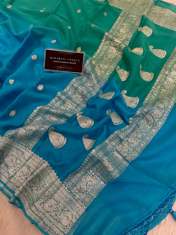 KHADDI CHIFFON SILVER ZARI KADHUWA SAREE - DUAL SHADE 2D