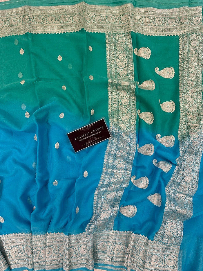 KHADDI CHIFFON SILVER ZARI KADHUWA SAREE - DUAL SHADE 2D