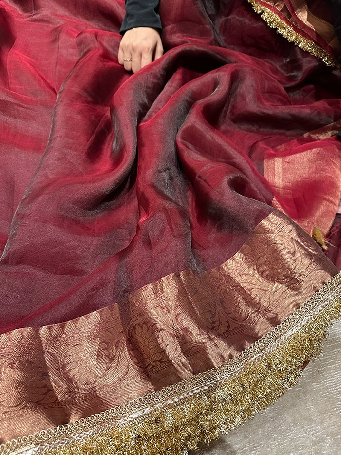 BIG FLORAL BORDER PURE TISSUE SAREE - DEEP WINE