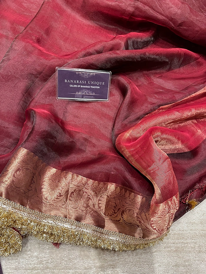 BIG FLORAL BORDER PURE TISSUE SAREE - DEEP WINE