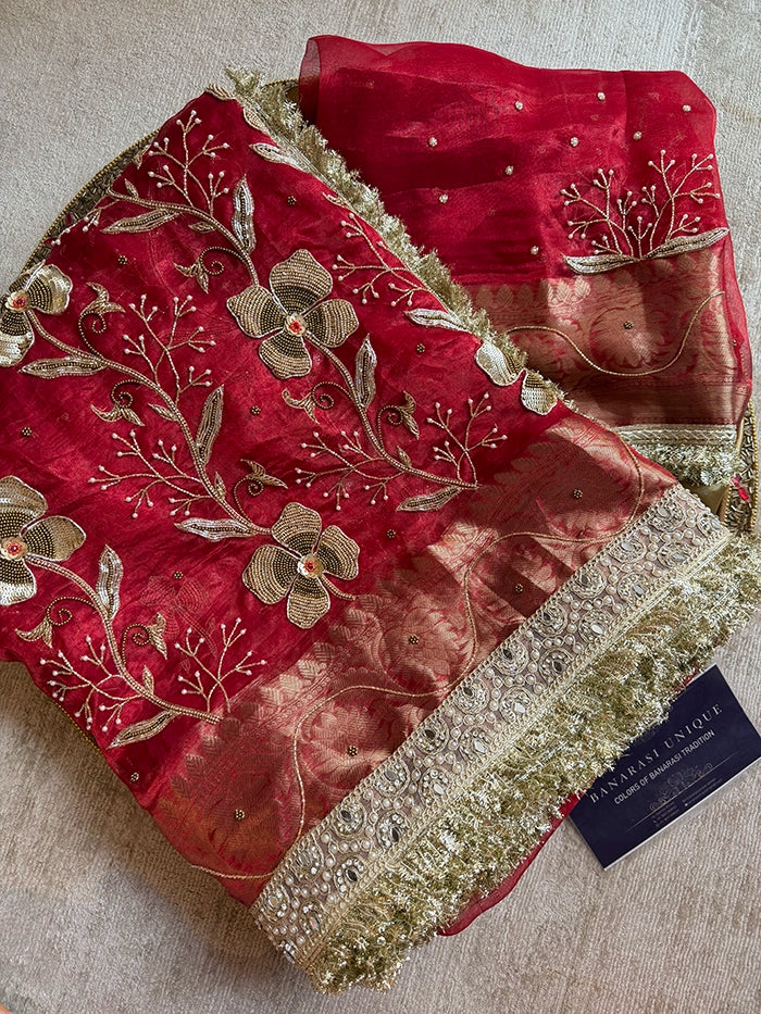 PETAL FLOWER and VINES HEAVY EMBROIDERED - RED