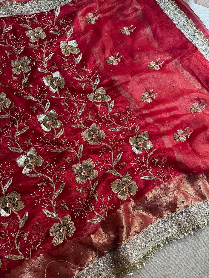 PETAL FLOWER and VINES HEAVY EMBROIDERED - RED