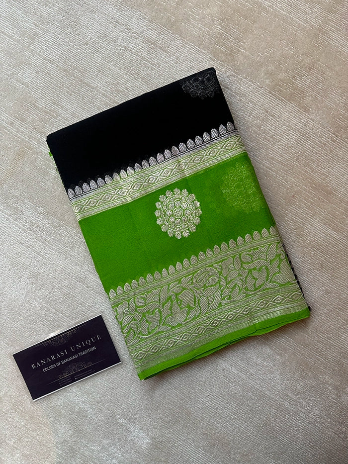KHADDI CHIFFON DOUBLE BORDER SAREE - CONTRAST BORDER BLACK WITH GREEN
