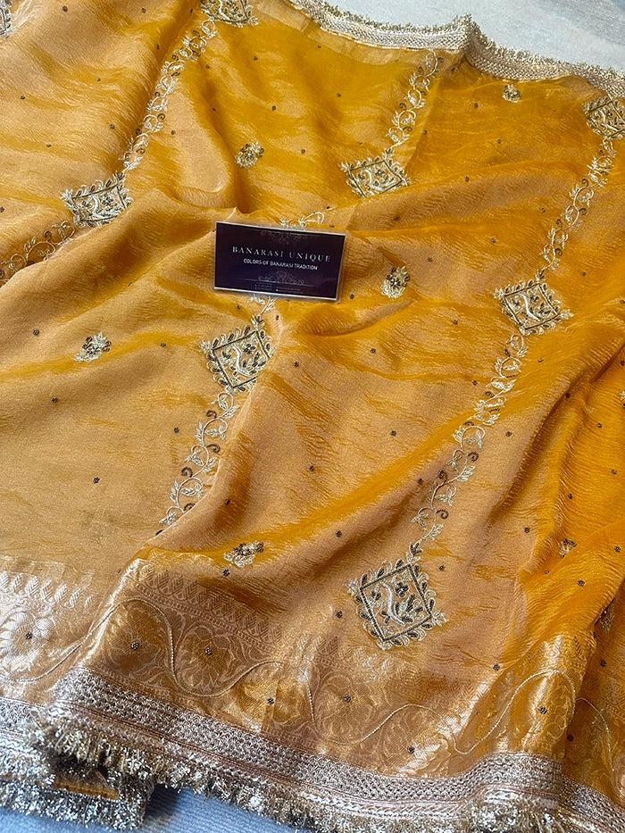 VERTICAL FLORAL PURE TISSUE SAREE - MUSTARD
