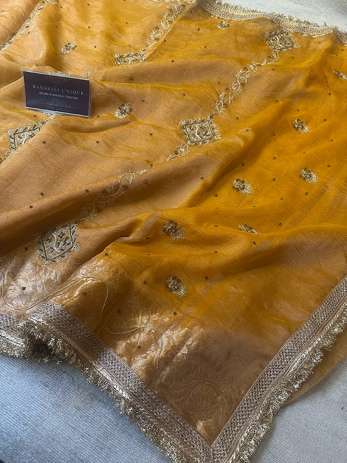 VERTICAL FLORAL PURE TISSUE SAREE - MUSTARD