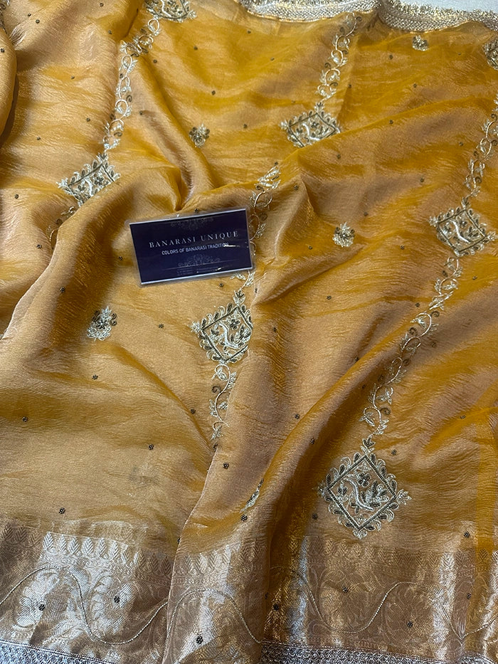 VERTICAL FLORAL PURE TISSUE SAREE - MUSTARD
