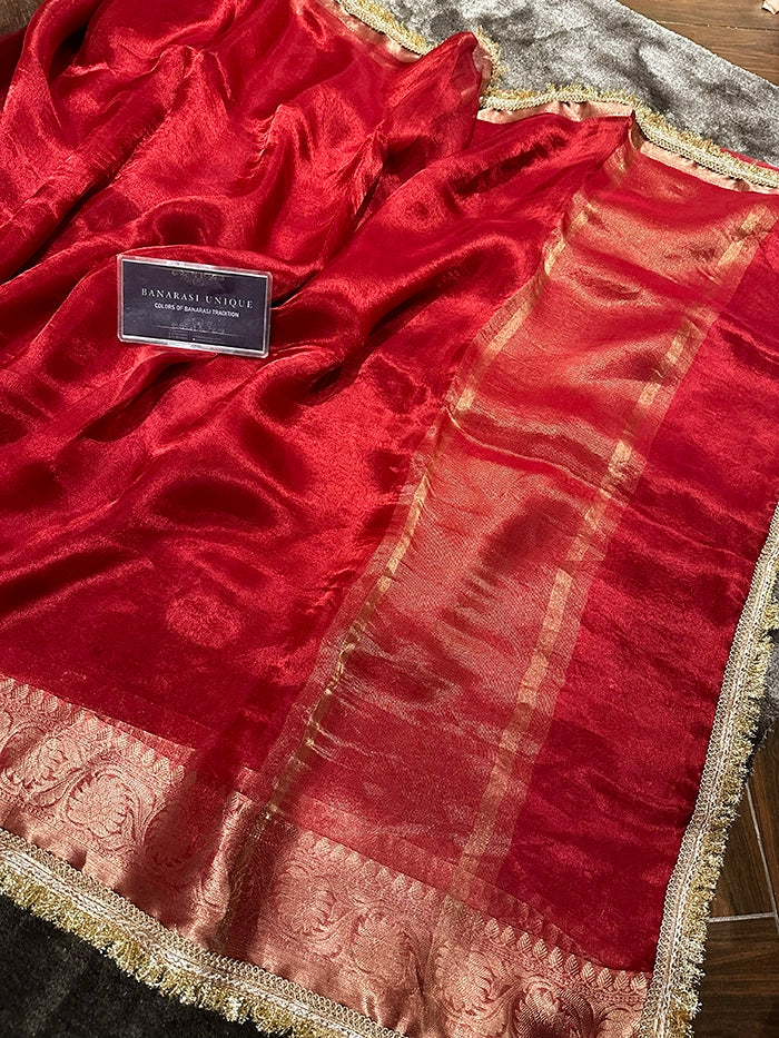 BIG FLORAL BORDER PURE TISSUE SAREE - RED