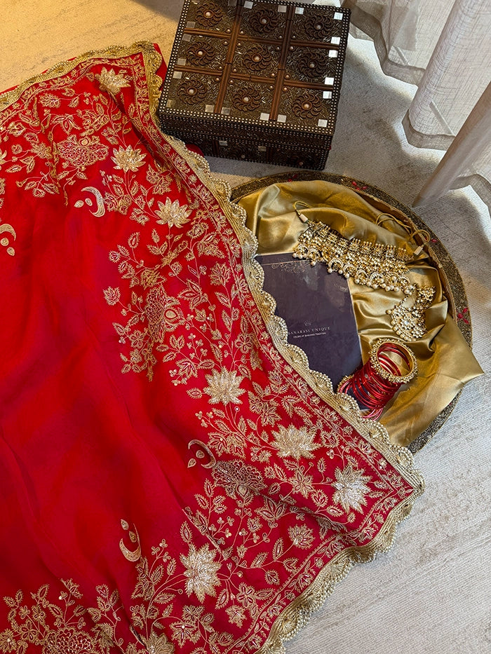 PURE ORGANZA DESIGNER BRIDAL SAREE - IVORY-GOLD