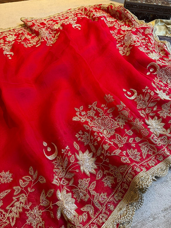 PURE ORGANZA DESIGNER BRIDAL SAREE - IVORY-GOLD
