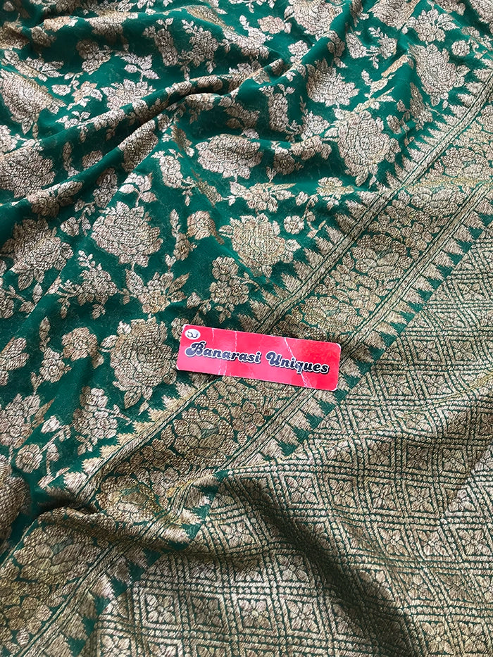 KHADDI GEORGETTE GULAABO ANTIQUE ZARI SAREE - BOTTLE GREEN