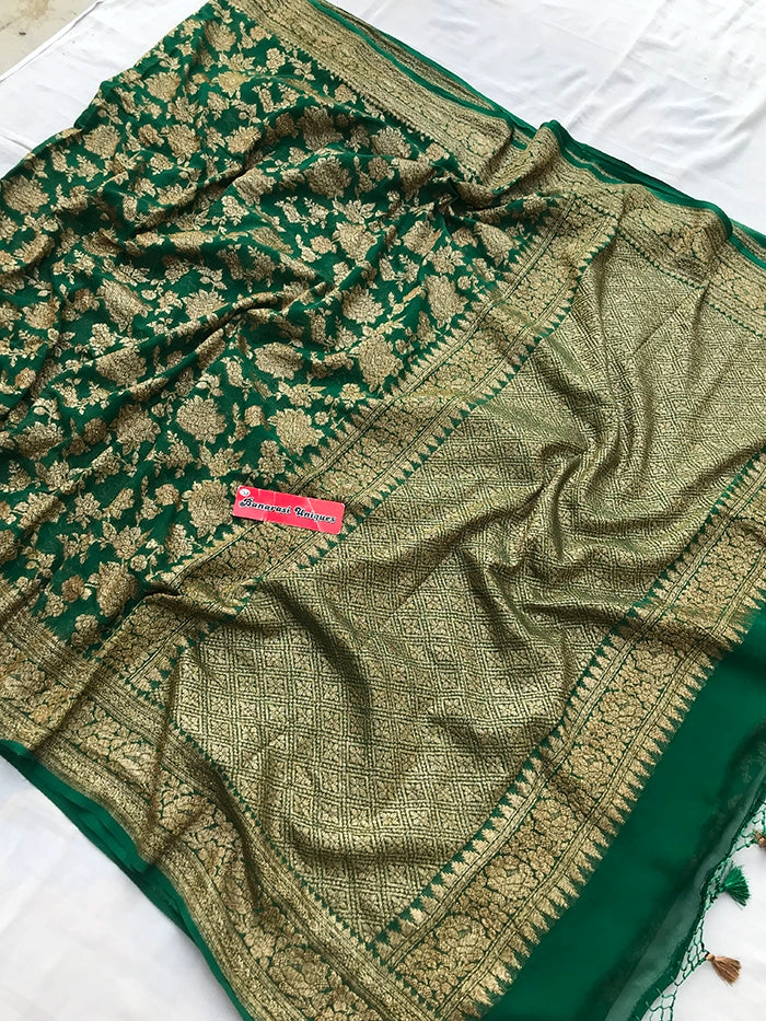 KHADDI GEORGETTE GULAABO ANTIQUE ZARI SAREE - BOTTLE GREEN
