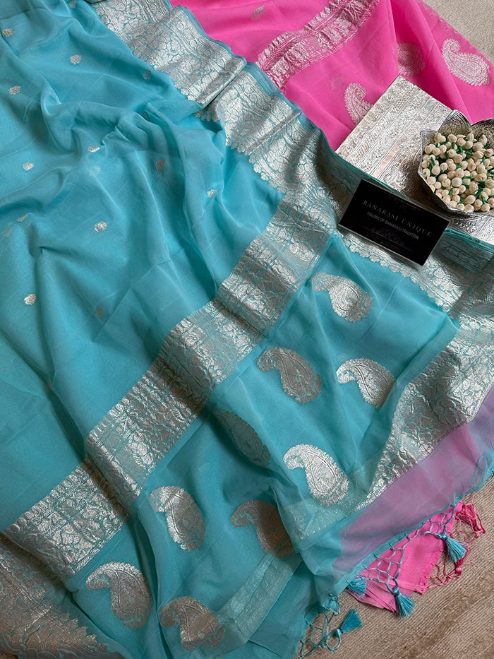 KHADDI CHIFFON SILVER ZARI KADHUWA SAREE - POWDER BLUE