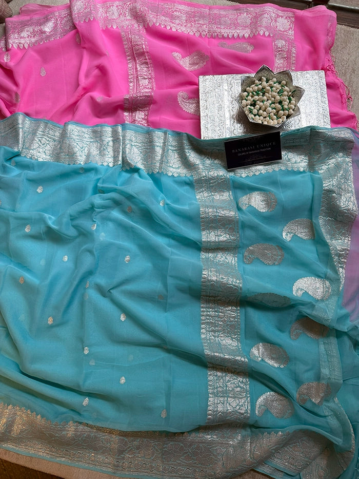 KHADDI CHIFFON SILVER ZARI KADHUWA SAREE - POWDER BLUE