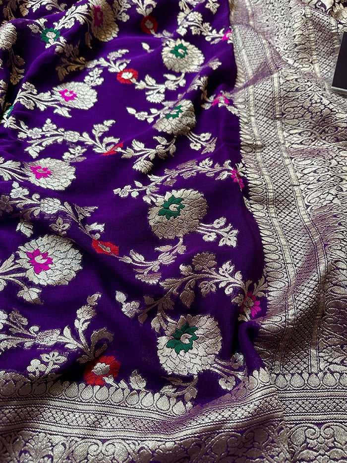 KHADDI GEORGETTE MEENAKARI WATER ZARI SAREE - PURPLE