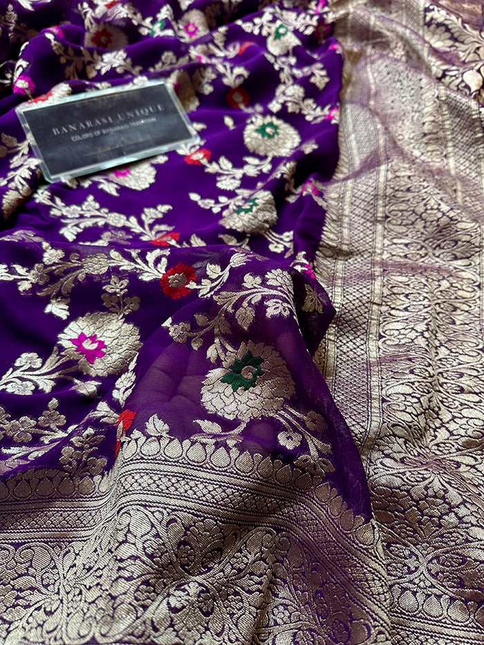 KHADDI GEORGETTE MEENAKARI WATER ZARI SAREE - PURPLE