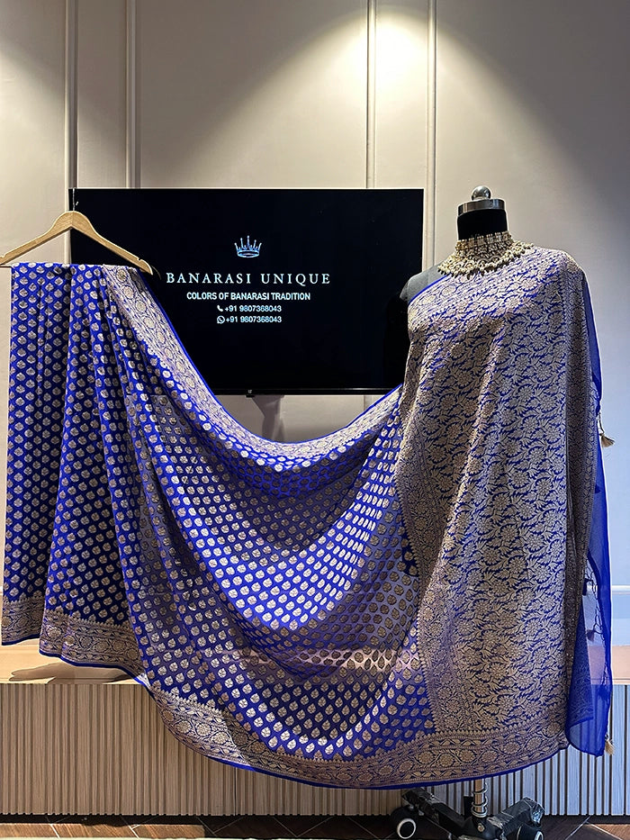 KHADDI GEORGETTE DOLLAR BUTI SILVER ZARI SAREE - ROYAL BLUE WITH NEON BLOUSE