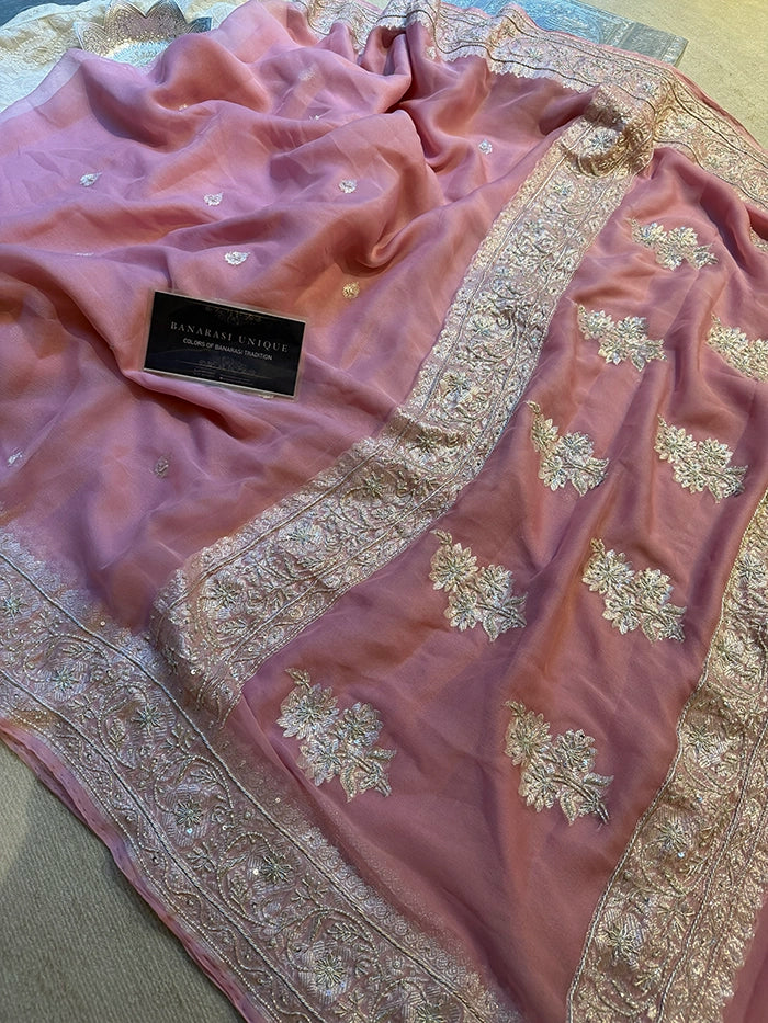 KHADDI CHIFFON ZARDOZI HAND EMBROIDERED SAREE - DUSTY PINK