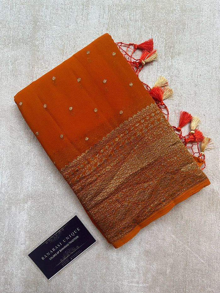 KHADDI GEORGETTE SKIRT BORDER CIRCLE BUTI ANTIQUE ZARI SAREE - RUSTY ORANGE