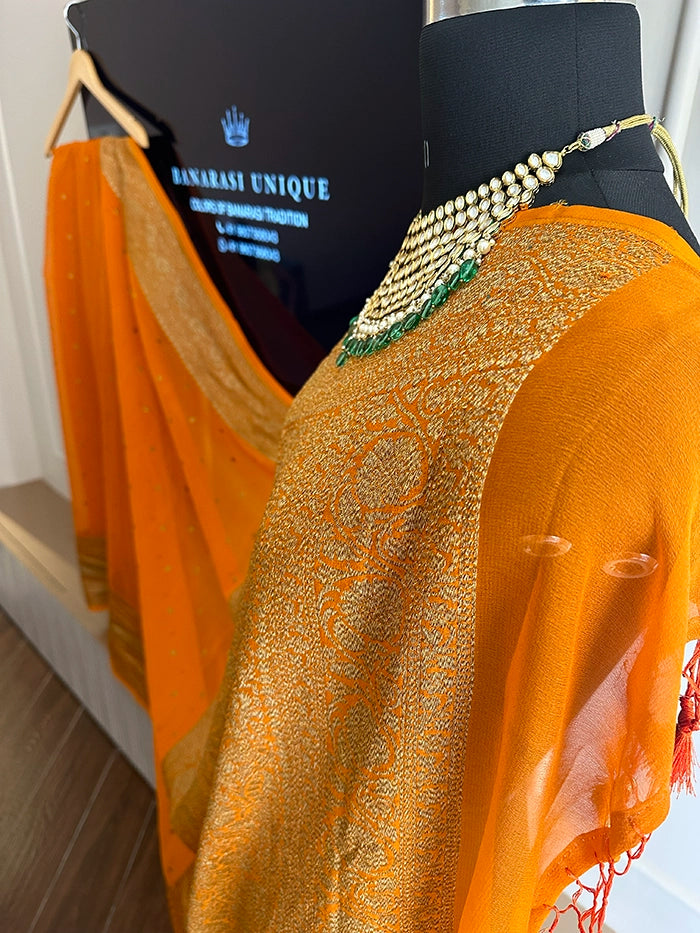 KHADDI GEORGETTE SKIRT BORDER CIRCLE BUTI ANTIQUE ZARI SAREE - RUSTY ORANGE