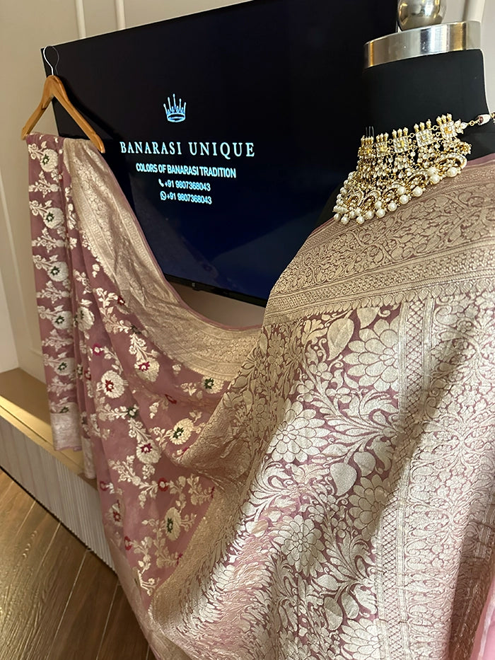 KHADDI GEORGETTE MEENAKARI WATER ZARI SAREE - MAUVE SHADE