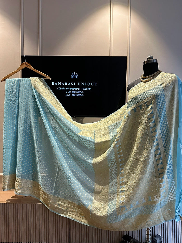 KHADDI GEORGETTE KONIA FOUR-PETAL BUTI GOLD ZARI SAREE - POWDER BLUE