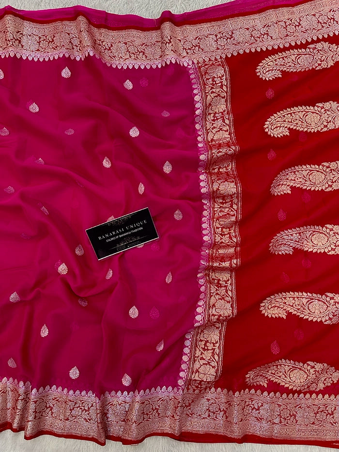 KHADDI CHIFFON SILVER ZARI KADHUWA SAREE - CONTRAST BORDER DEEP PINK WITH RED