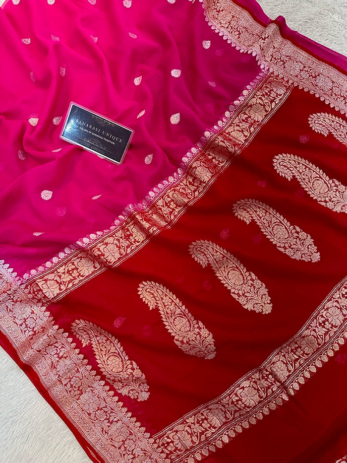 KHADDI CHIFFON SILVER ZARI KADHUWA SAREE - CONTRAST BORDER DEEP PINK WITH RED