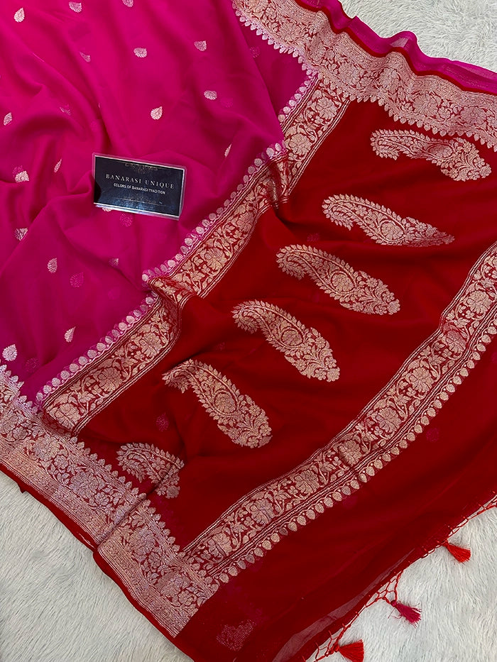 KHADDI CHIFFON SILVER ZARI KADHUWA SAREE - CONTRAST BORDER DEEP PINK WITH RED