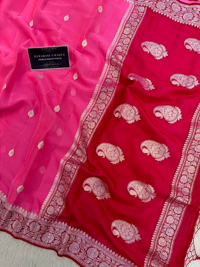KHADDI CHIFFON SILVER ZARI KADHUWA SAREE - CONTRAST BORDER PINK WITH RED