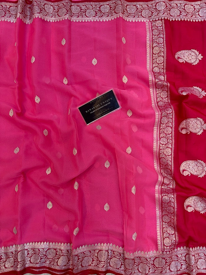 KHADDI CHIFFON SILVER ZARI KADHUWA SAREE - CONTRAST BORDER PINK WITH RED