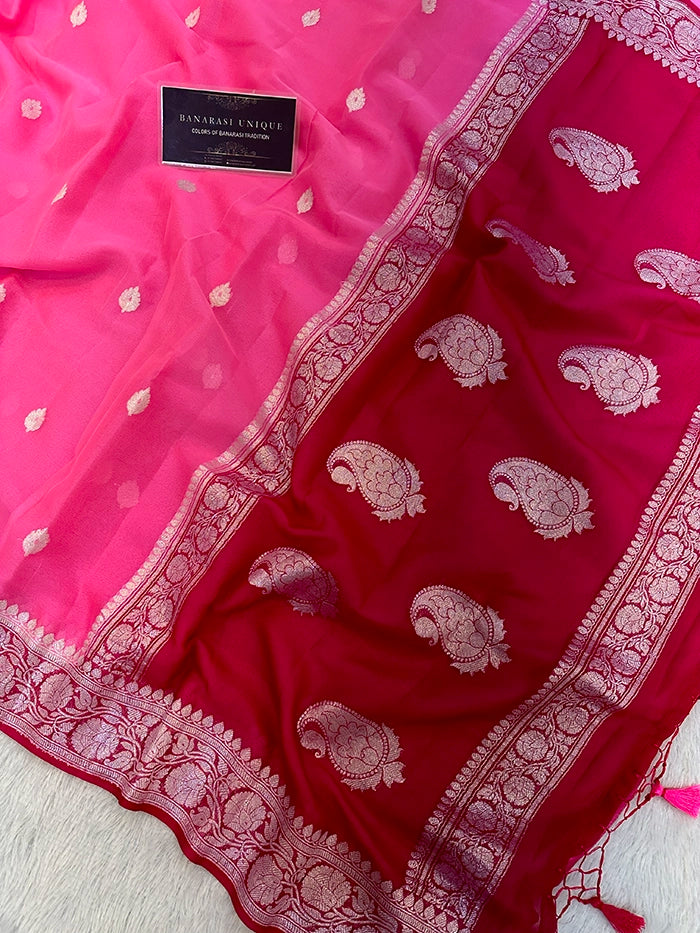 KHADDI CHIFFON SILVER ZARI KADHUWA SAREE - CONTRAST BORDER PINK WITH RED