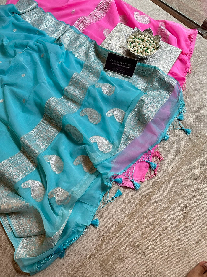 KHADDI CHIFFON SILVER ZARI KADHUWA SAREE - POWDER BLUE