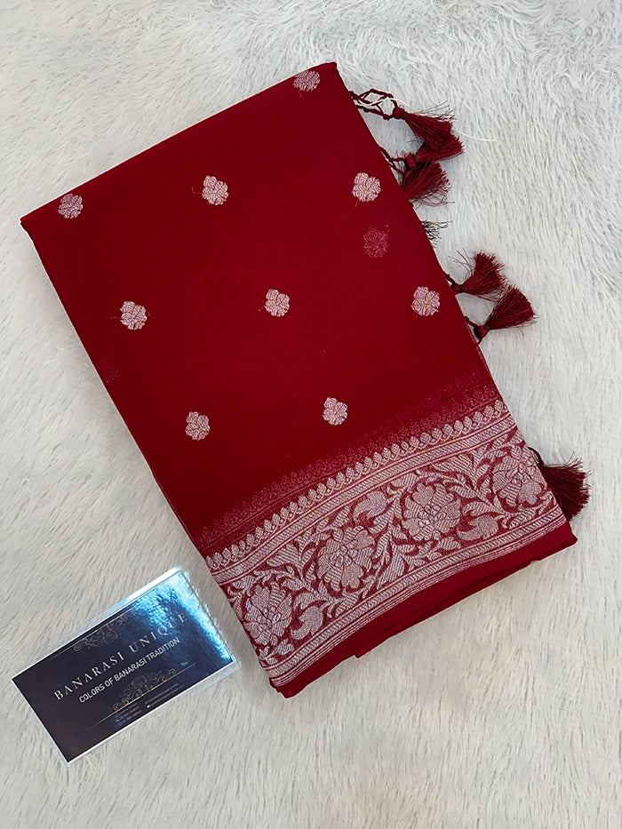 KHADDI CHIFFON SILVER ZARI KADHUWA SAREE - DEEP MAROON