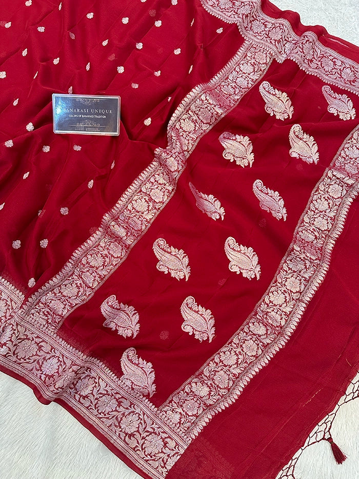 KHADDI CHIFFON SILVER ZARI KADHUWA SAREE - DEEP MAROON
