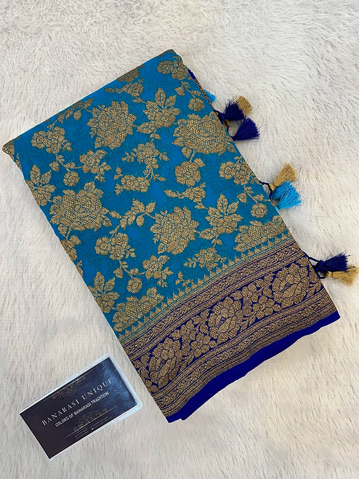 KHADDI GEORGETTE GULAABO ANTIQUE ZARI SAREE - CONTRAST BORDER RAMA WITH BLUE