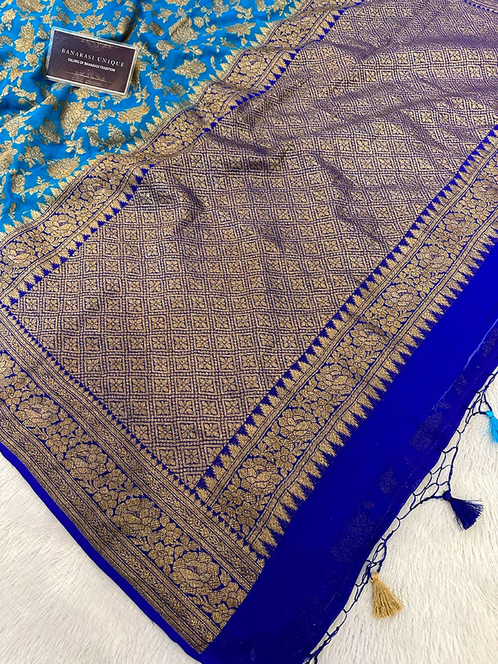 KHADDI GEORGETTE GULAABO ANTIQUE ZARI SAREE - CONTRAST BORDER RAMA WITH BLUE