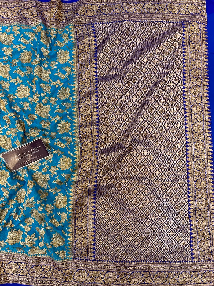 KHADDI GEORGETTE GULAABO ANTIQUE ZARI SAREE - CONTRAST BORDER RAMA WITH BLUE