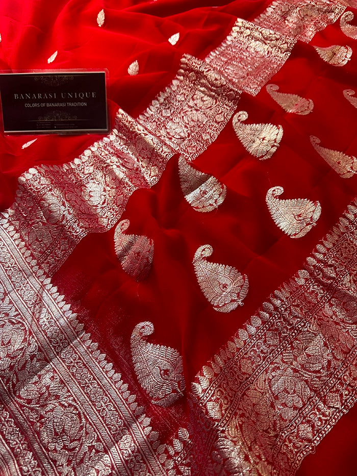 KHADDI CHIFFON SILVER ZARI KADHUWA SAREE - DEEP RED