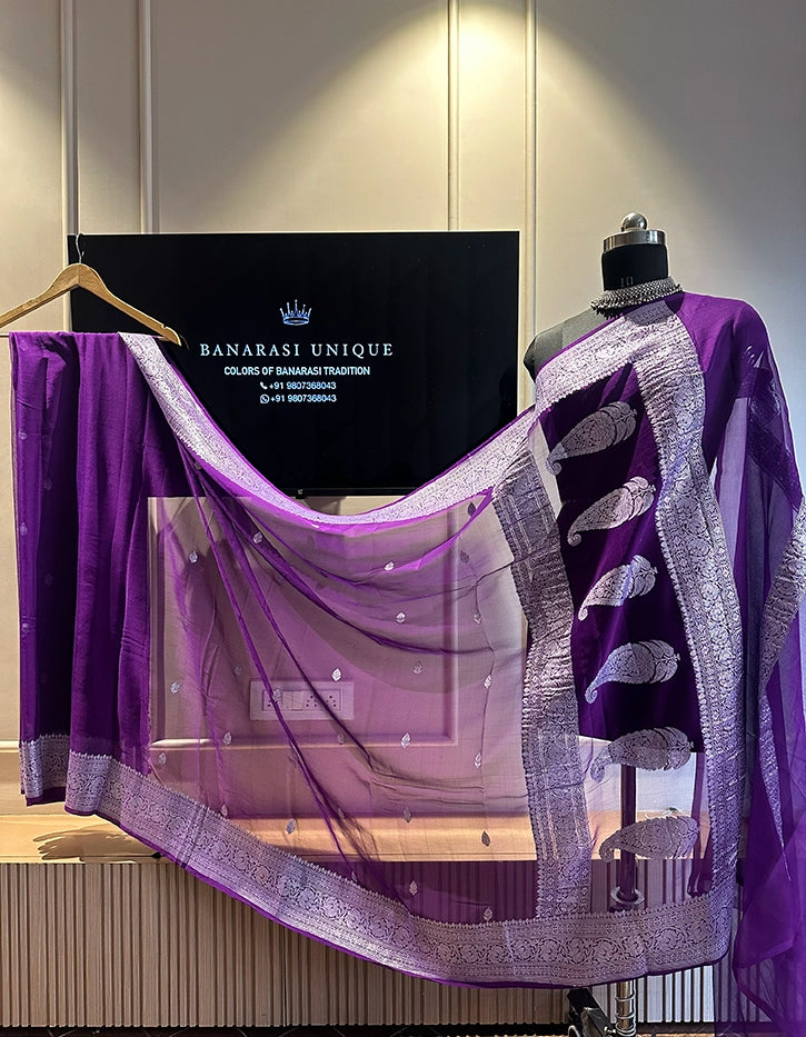 KHADDI CHIFFON SILVER ZARI KADHUWA SAREE - PURPLE