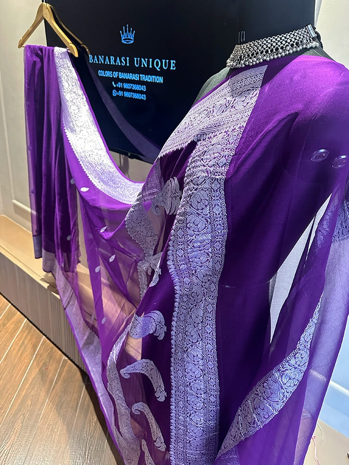KHADDI CHIFFON SILVER ZARI KADHUWA SAREE - PURPLE