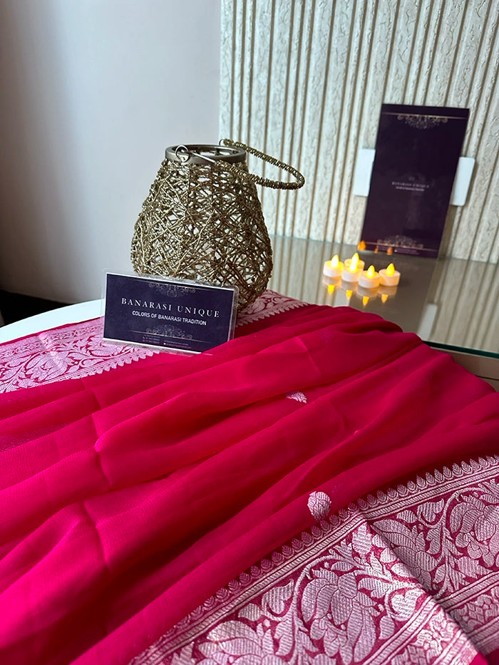 KHADDI CHIFFON SILVER ZARI KADHUWA SAREE - FUCHSIA PINK